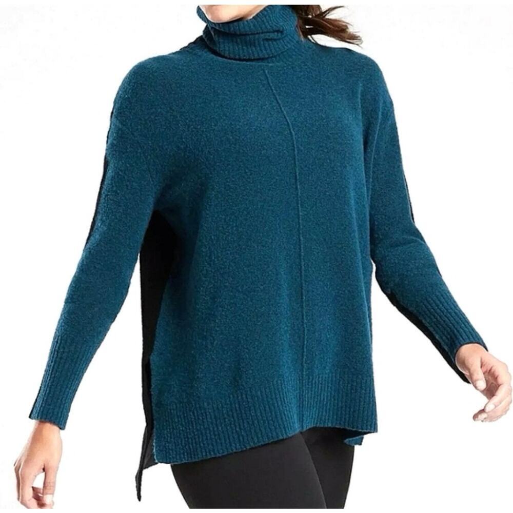 Athleta Transit Teal/Black Colorblock Turtleneck Wool Blend Sweater Top Small